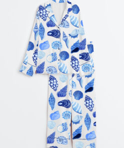 Women's Summer Trip Blue Shells Coastal Summer Beach Coastal Aesthetic Bachelorette Colorful Shells Long Sleeve Satin Pajama Set