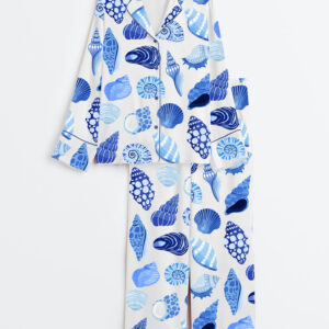 Womenâ€™s Summer Trip Blue Shells Coastal Summer Beach Coastal Aesthetic Bachelorette Colorful Shells Long Sleeve Satin Pajama Set