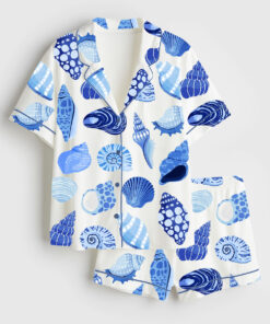 Women's Summer Trip Blue Shells Coastal Summer Beach Coastal Aesthetic Bachelorette Colorful Shells Short Sleeve Satin Pajama Set