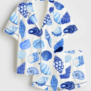 Womenâ€™s Summer Trip Blue Shells Coastal Summer Beach Coastal Aesthetic Bachelorette Colorful Shells Short Sleeve Satin Pajama Set