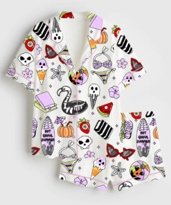 Women's Summerween Funny Halloween Spooky Season Pumpkin Halloween Print Short Sleeve Satin Pajama Set
