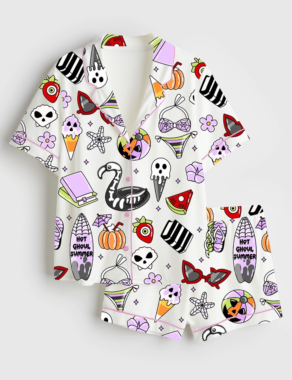 Womenâ€™s Summerween Funny Halloween Spooky Season Pumpkin Halloween Print Short Sleeve Satin Pajama Set