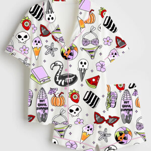 Women's Summerween Funny Halloween Spooky Season Pumpkin Halloween Print Short Sleeve Satin Pajama Set