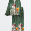 Women's Summerween Skeleton Spooky Cocktail Halloween Long Sleeve Satin Pajamas Set