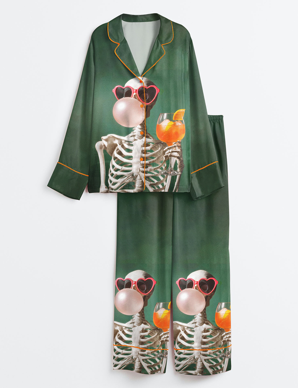Women's Summerween Skeleton Spooky Cocktail Halloween Long Sleeve Satin Pajamas Set