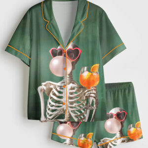 Womenâ€™s Summerween Skeleton Spooky Cocktail Halloween Short Sleeve Satin Pajama Set