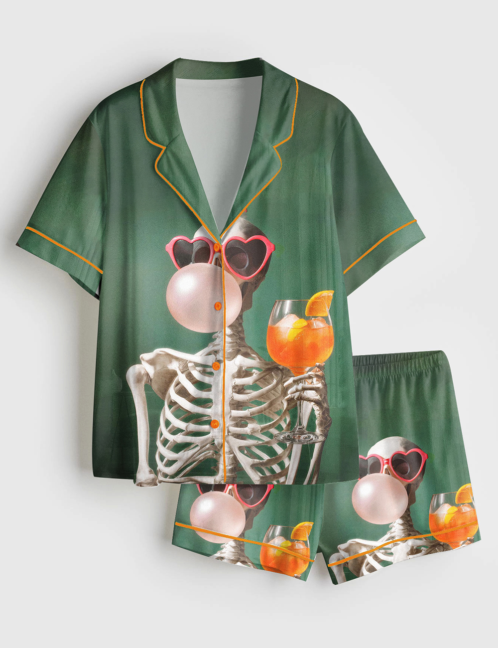 Womenâ€™s Summerween Skeleton Spooky Cocktail Halloween Short Sleeve Satin Pajama Set