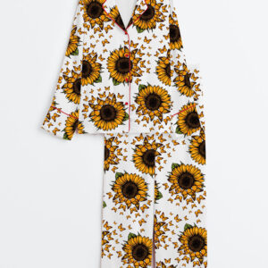 Women's Sunflower Long Sleeve Satin Pajamas Set