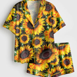 Women's Sunflower Short Sleeve Satin Pajamas Set