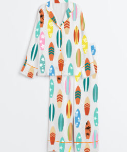 Women's Surfboard Beach Wave Hawaii Surf Summer Beach Life Print Long Sleeve Satin Pajama Set