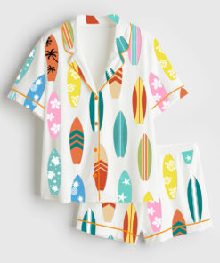 Women's Surfboard Beach Wave Hawaii Surf Summer Beach Life Print Short Sleeve Satin Pajama Set