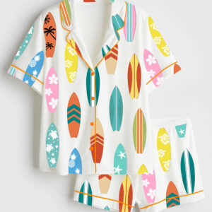 Women's Surfboard Beach Wave Hawaii Surf Summer Beach Life Print Short Sleeve Satin Pajama Set