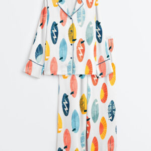 Womenâ€™s Surfing Board Light Surfing Sports Art Print Long Sleeve Satin Pajama Set