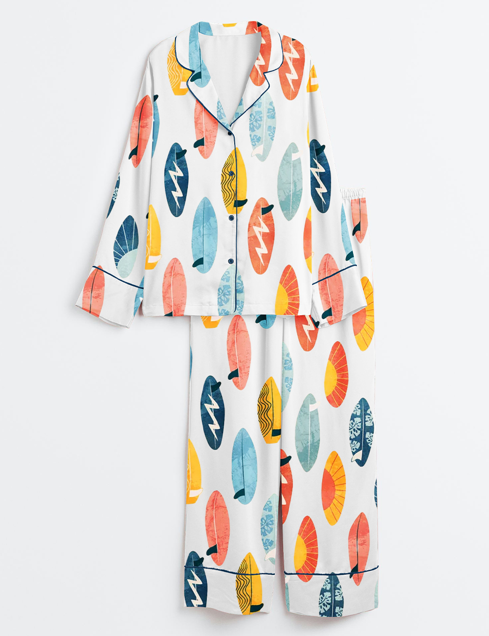 Women's Surfing Board Light Surfing Sports Art Print Long Sleeve Satin Pajamas Set