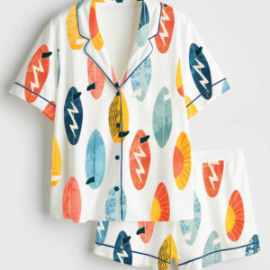 Womenâ€™s Surfing Board Light Surfing Sports Art Print Short Sleeve Satin Pajama Set