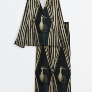 Women's Surreal Bird Black And White Striped Curtain Modern Abstract Print Long Sleeve Satin Pajama Set