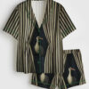 Womenâ€™s Surreal Bird Black And White Striped Curtain Modern Abstract Print Short Sleeve Satin Pajama Set