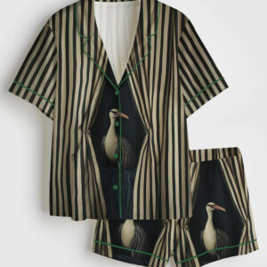 Womenâ€™s Surreal Bird Black And White Striped Curtain Modern Abstract Print Short Sleeve Satin Pajama Set