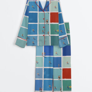 Women's Surreal Summer Swimmers Art Tiny People Long Sleeve Satin Pajama Set