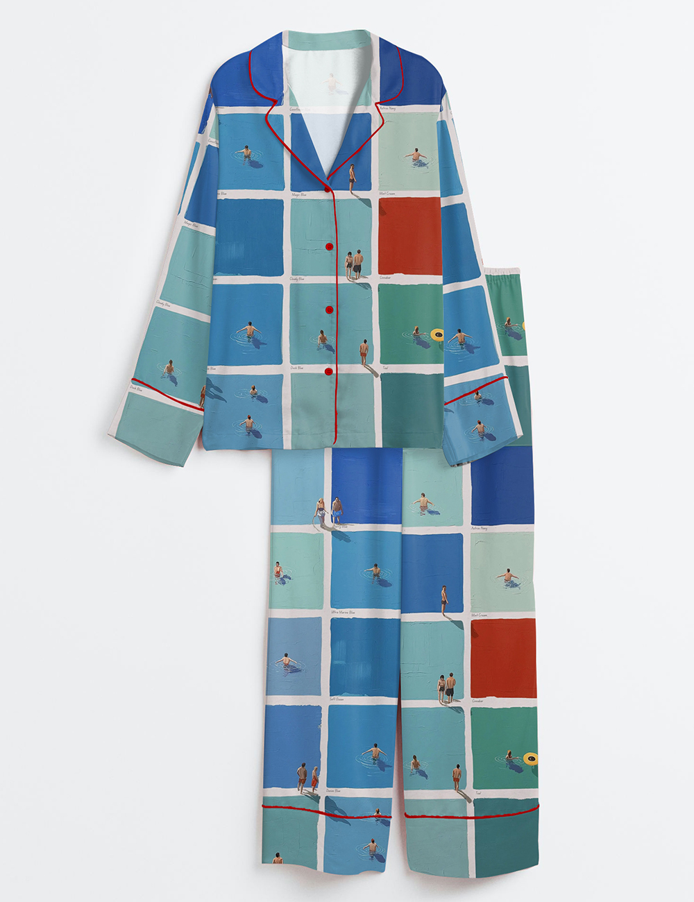 Women's Surreal Summer Swimmers Art Tiny People Long Sleeve Satin Pajama Set