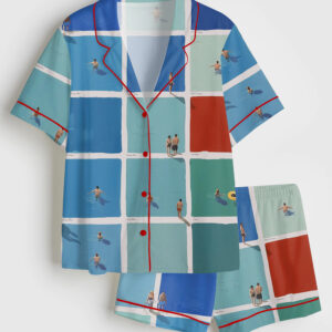 Womenâ€™s Surreal Summer Swimmers Art Tiny People Short Sleeve Satin Pajama Set