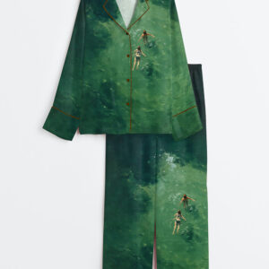 Women's Swimming In Green Abstract Summer Vintage Art Print Long Sleeve Satin Pajama Set