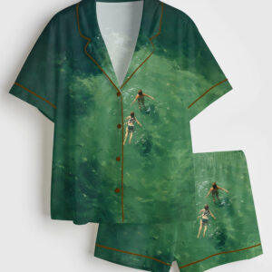 Women's Swimming In Green Abstract Summer Vintage Art Print Short Sleeve Satin Pajama Set