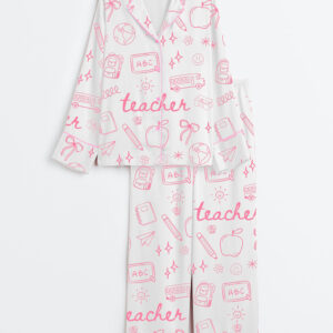 Women's Teacher Doodle Coquette Pink Bows Back To School Long Sleeve Satin Pajama Set