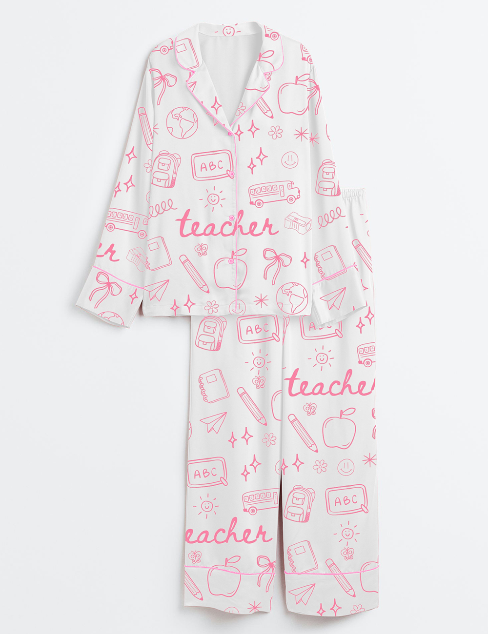 Womenâ€™s Teacher Doodle Coquette Pink Bows Back To School Long Sleeve Satin Pajama Set