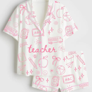 Women's Teacher Doodle Coquette Pink Bows Back To School Short Sleeve Satin Pajama Set