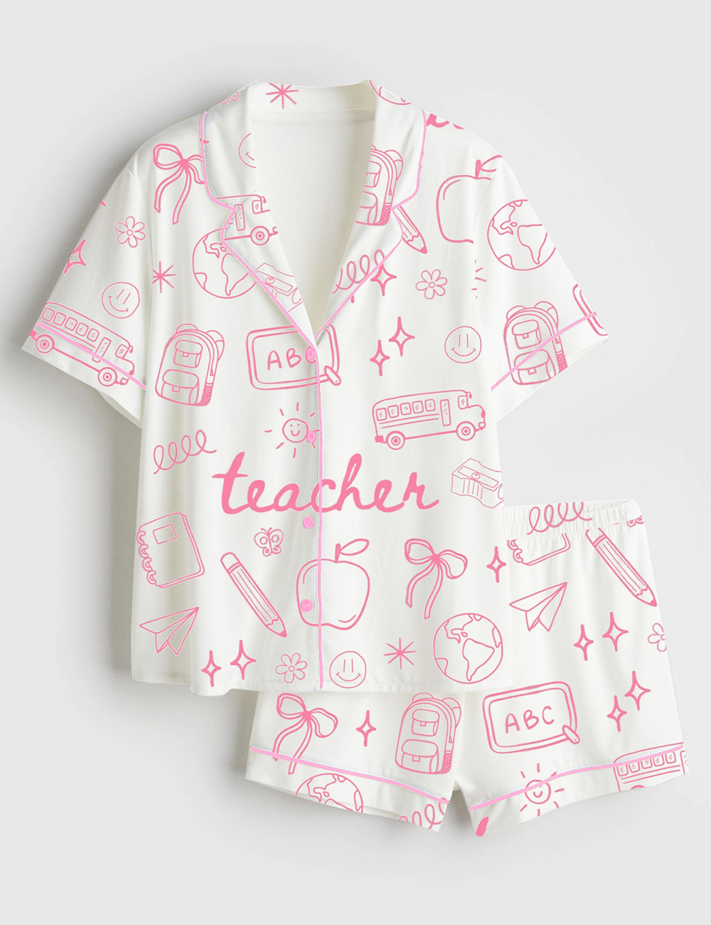 Womenâ€™s Teacher Doodle Coquette Pink Bows Back To School Short Sleeve Satin Pajama Set