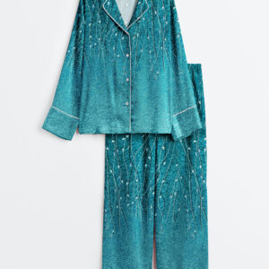 Women's Teal Blue Abstract Leaf Long Sleeve Satin Pajama Set
