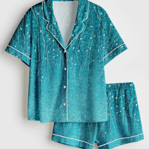 Womenâ€™s Teal Blue Abstract Leaf Short Sleeve Satin Pajama Set