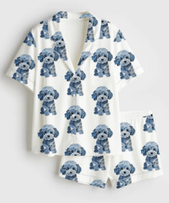 Women's Teddy Dog Lover Short Sleeve Satin Pajama Set