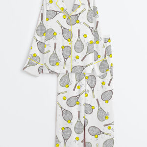 Women's Tennis And Tennis Ball Racket Long Sleeve Satin Pajama Set