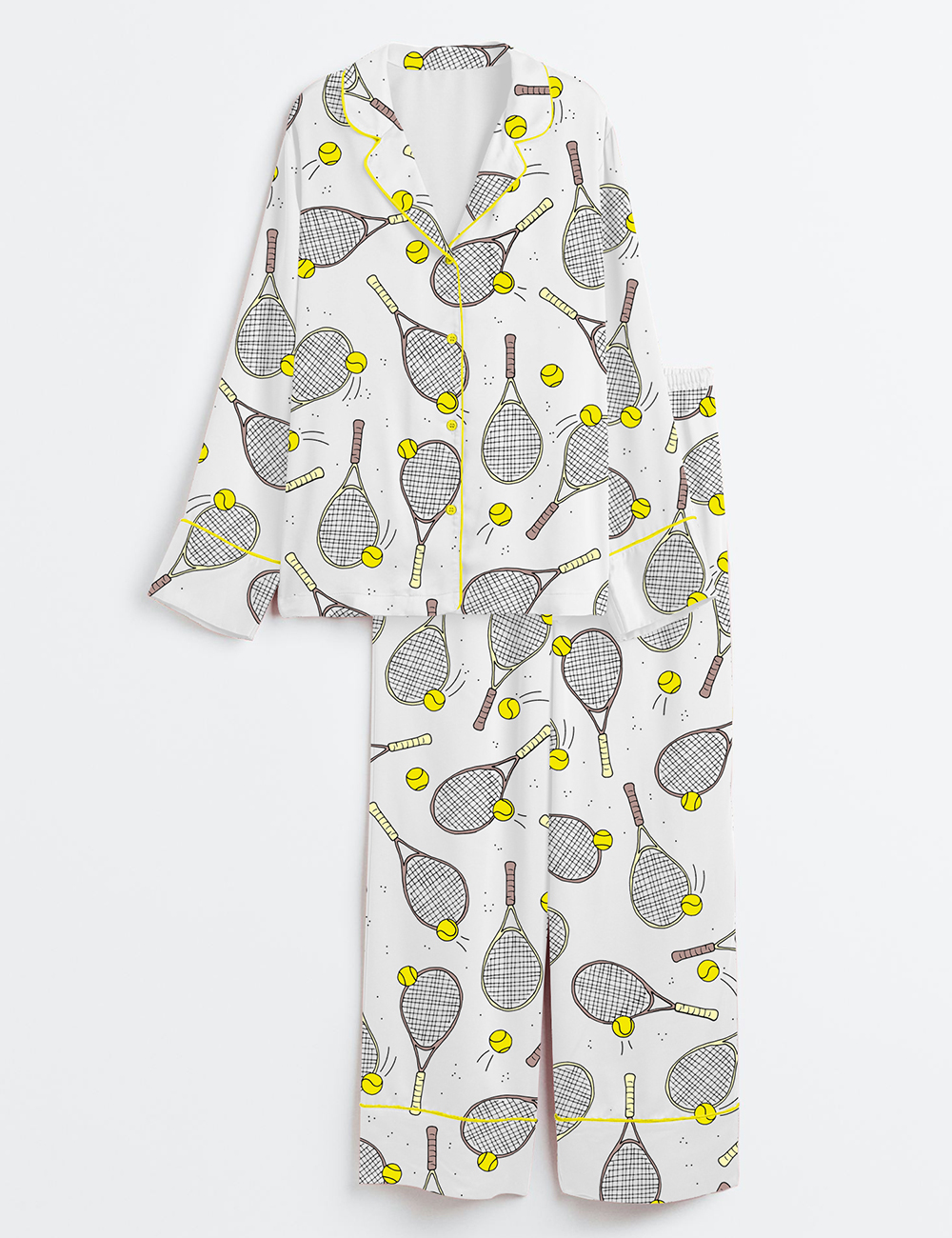 Women's Tennis And Tennis Ball Racket Long Sleeve Satin Pajamas Set