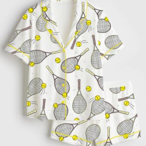 Womenâ€™s Tennis And Tennis Ball Racket Short Sleeve Satin Pajama Set