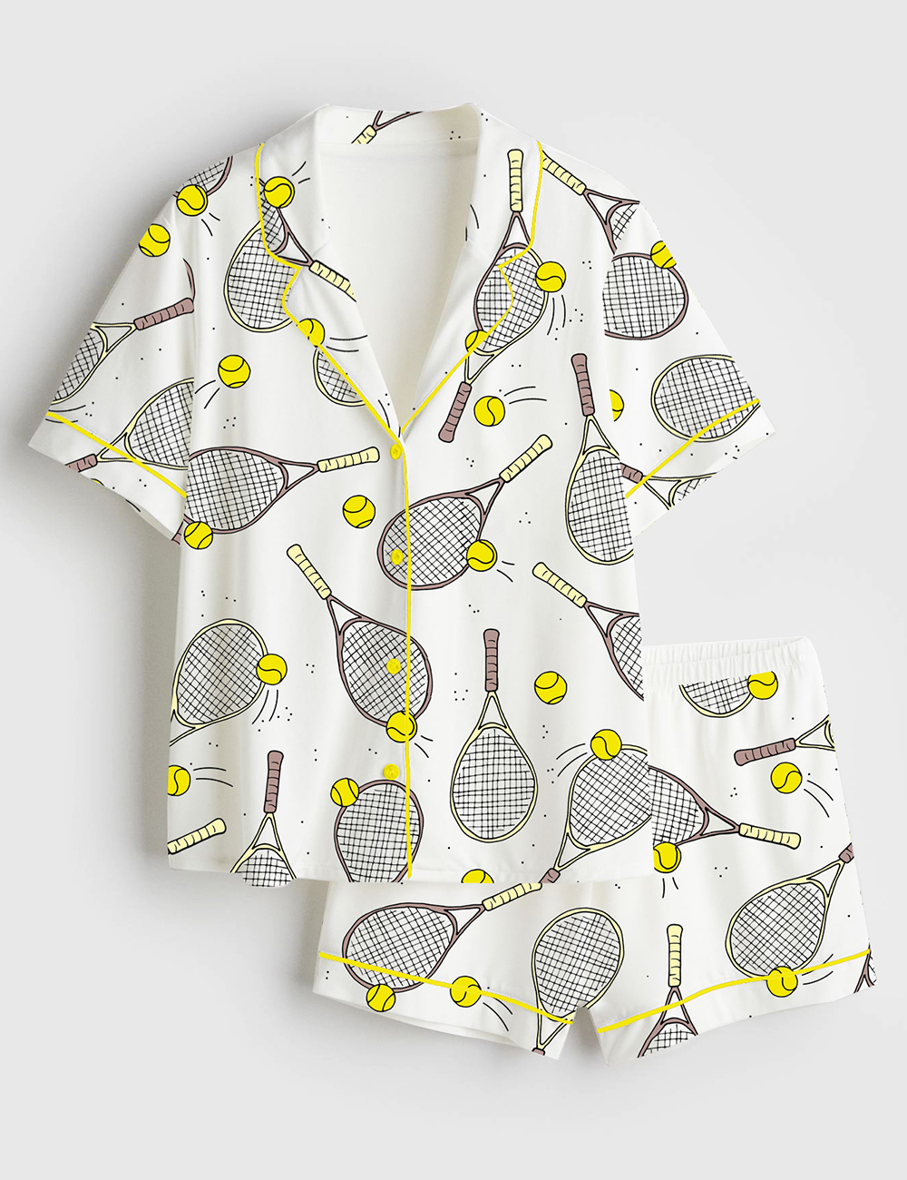 Womenâ€™s Tennis And Tennis Ball Racket Short Sleeve Satin Pajama Set