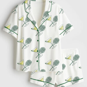 Women's Tennis And Tinis Sports Martini Short Sleeve Satin Pajama Set