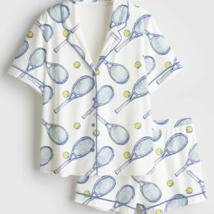 Women's Tennis Rackets And Balls Short Sleeve Satin Pajama Se