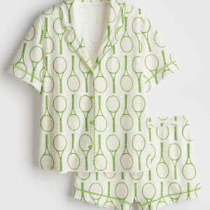 Womenâ€™s Tennis Time Tennis Lover Tennis Player Game DayÂ Print Short Sleeve Satin Pajama Set