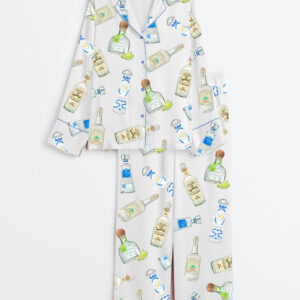 Women's Tequila Bottles Watercolor Bar Cart Art Long Sleeve Satin Pajamas Set