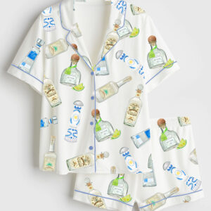 Womenâ€™s Tequila Bottles Watercolor Bar Cart Art Short Sleeve Satin Pajama Set