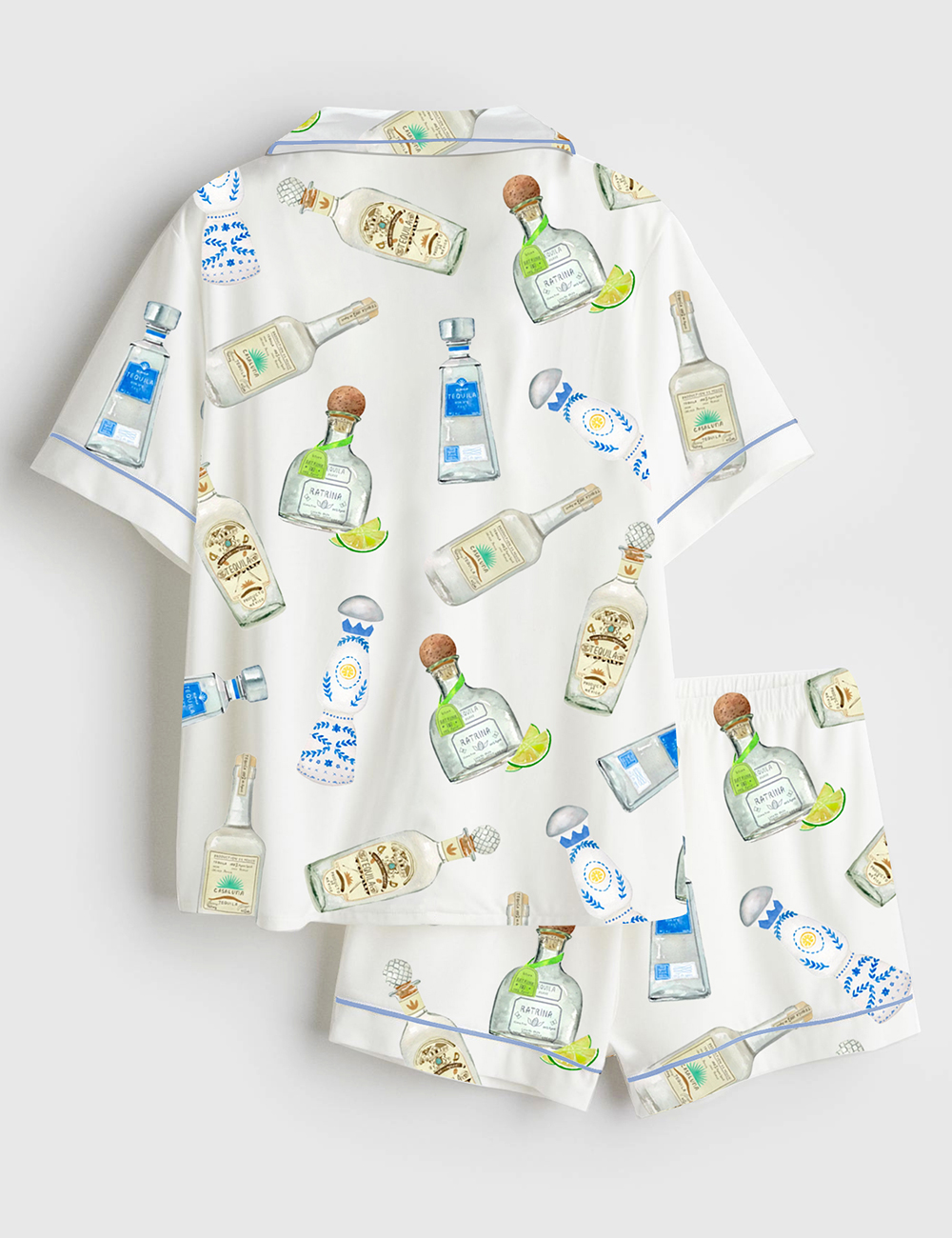 Women's Tequila Bottles Watercolor Bar Cart Art Short Sleeve Satin Pajama Set - Image 2