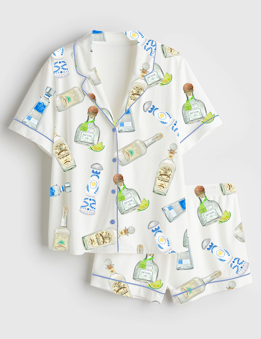Women's Tequila Bottles Watercolor Bar Cart Art Short Sleeve Satin Pajama Set