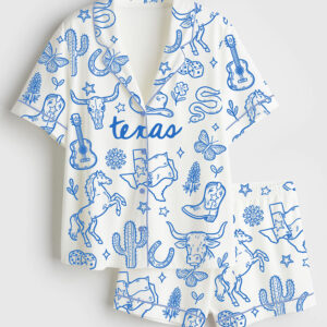 Womenâ€™s Texas Travel Hand Drawn Doodle Western Cowgirls Desert Cactus Print Short Sleeve Satin Pajama Set