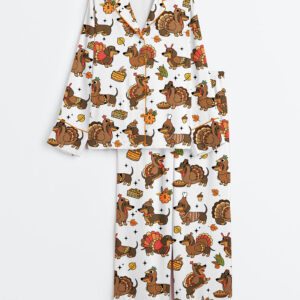 Women's Thanksgiving Dachshund Preppy Turkey Long Sleeve Satin Pajamas Set