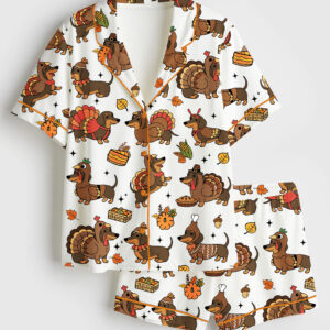 Womenâ€™s Thanksgiving Dachshund Preppy Turkey Short Sleeve Satin Pajama Set