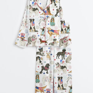 Women's The 4th Of July Independence Day American Dogs USA Flag Long Sleeve Satin Pajama Set