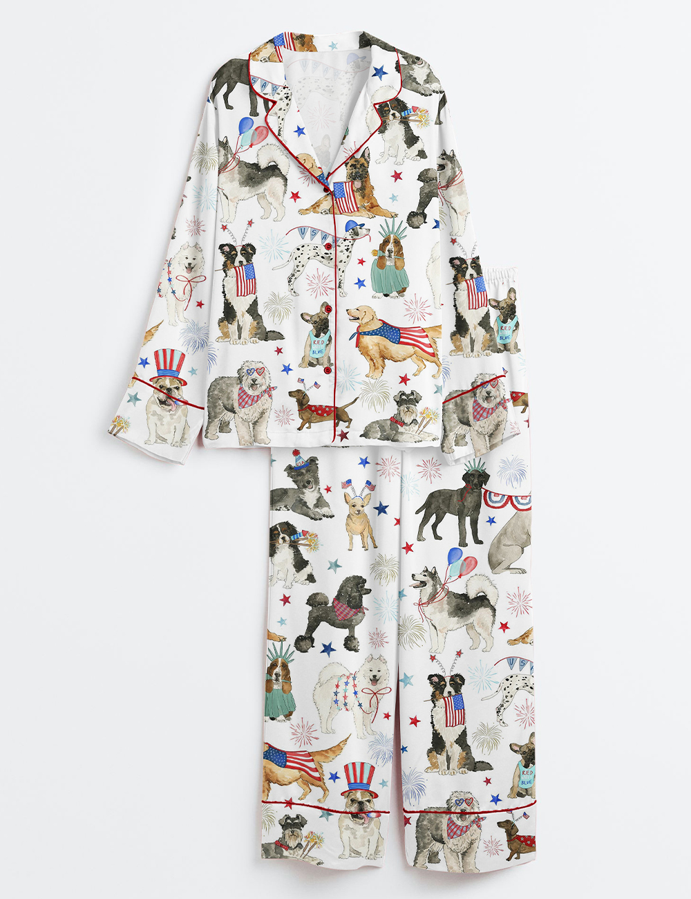 Womenâ€™s The 4th Of July Independence Day American Dogs USA Flag Long Sleeve Satin Pajama Set